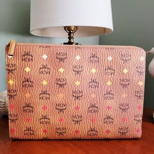 MCM Spektrum Diamond Rainbow Logo Cognac Visetos Leather Pouch Clutch Purse